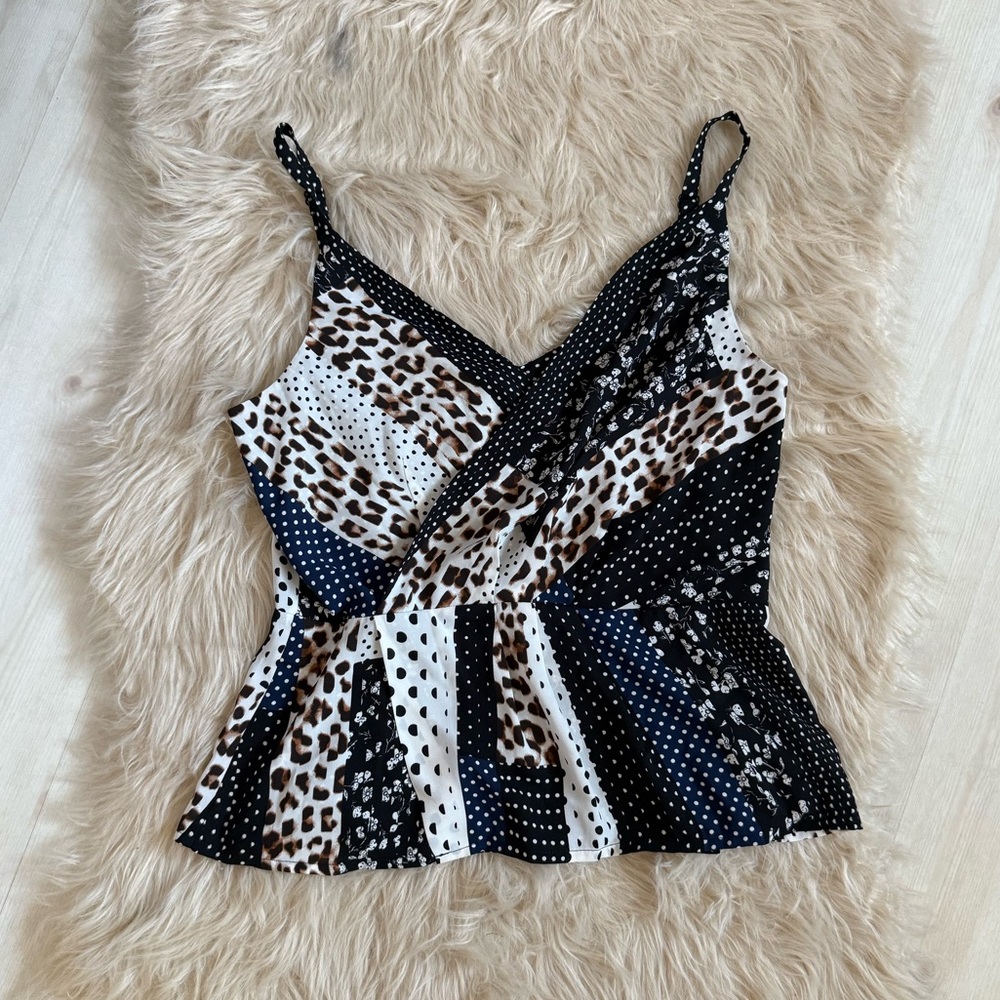 CAbi Black and White Mixed Print Peplum Camisole